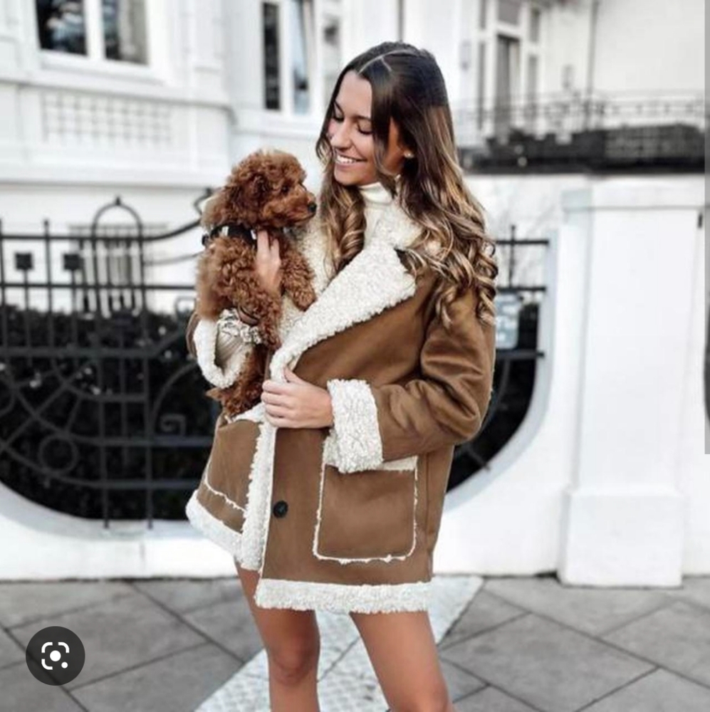 Zara Brown Shearling-Trim Coat with Cream Lining